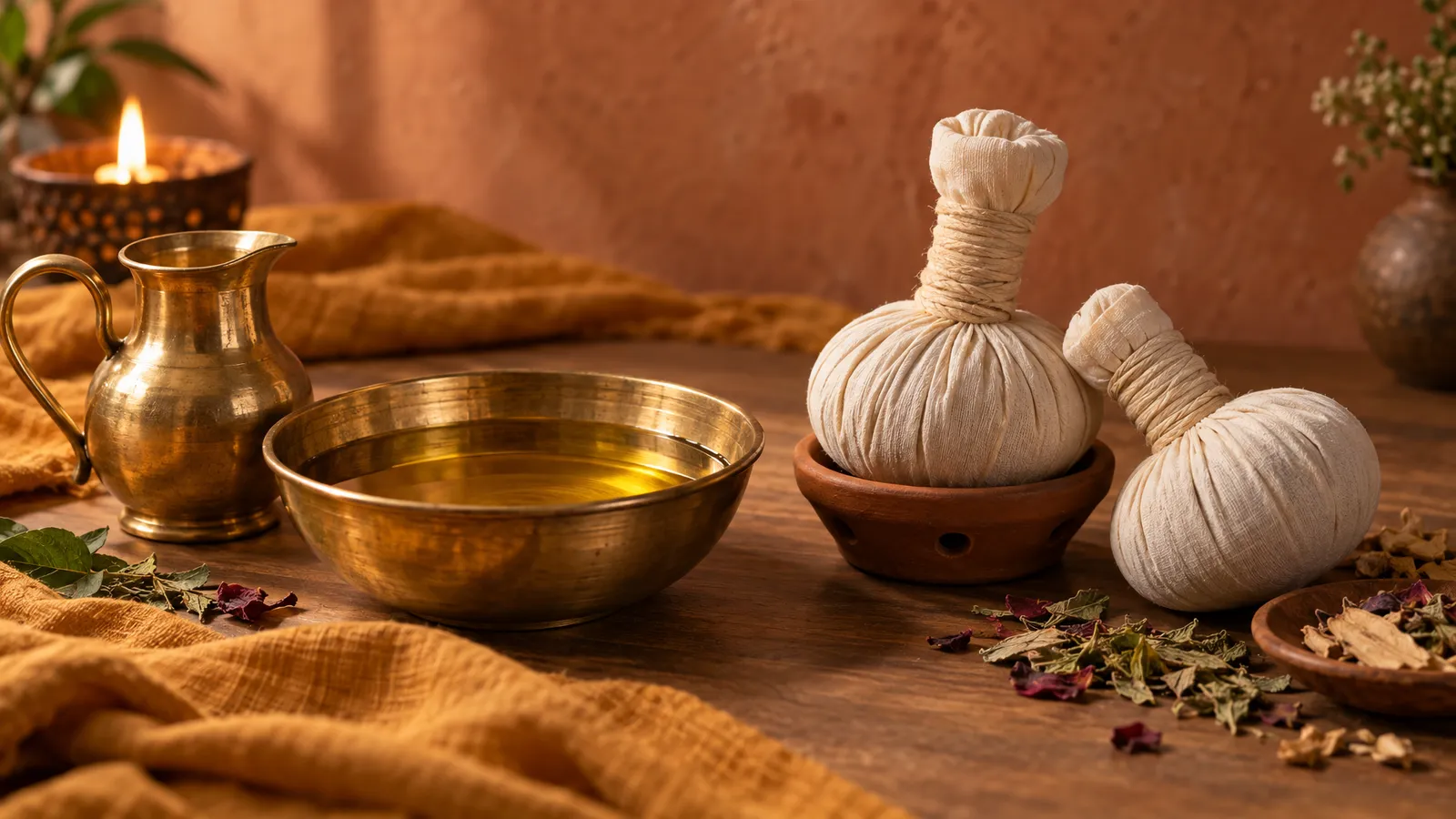 A brass bowl of golden massage oil sits beside two tied cotton herbal bundles on saffron linen.