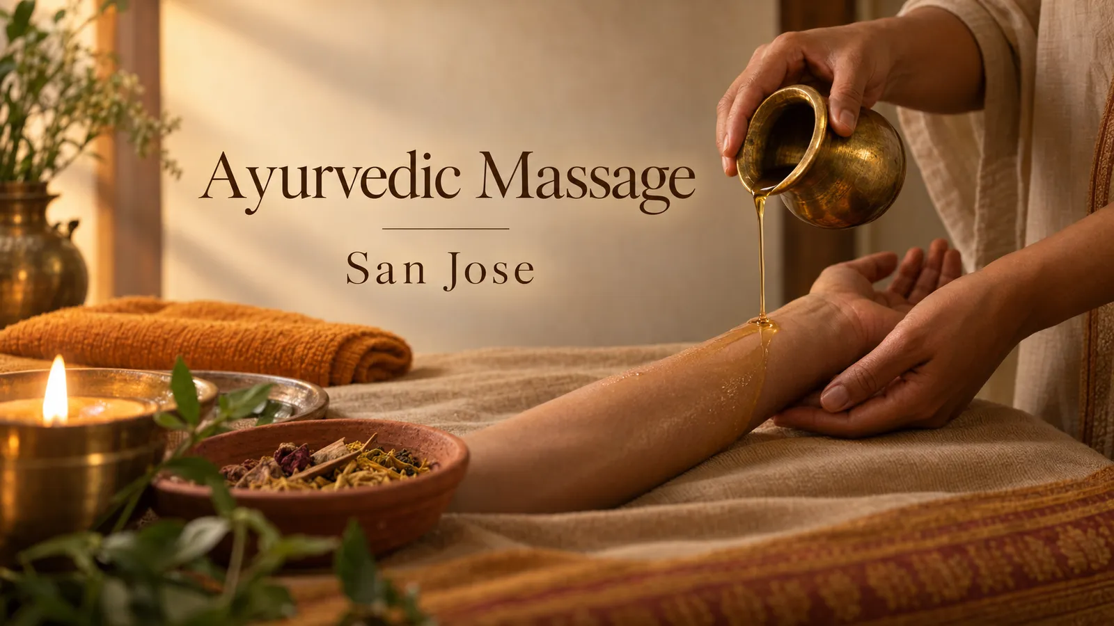 Poster reading “Ayurvedic Massage” and “San Jose” beside a close-up of herbal oil being poured onto a forearm.
