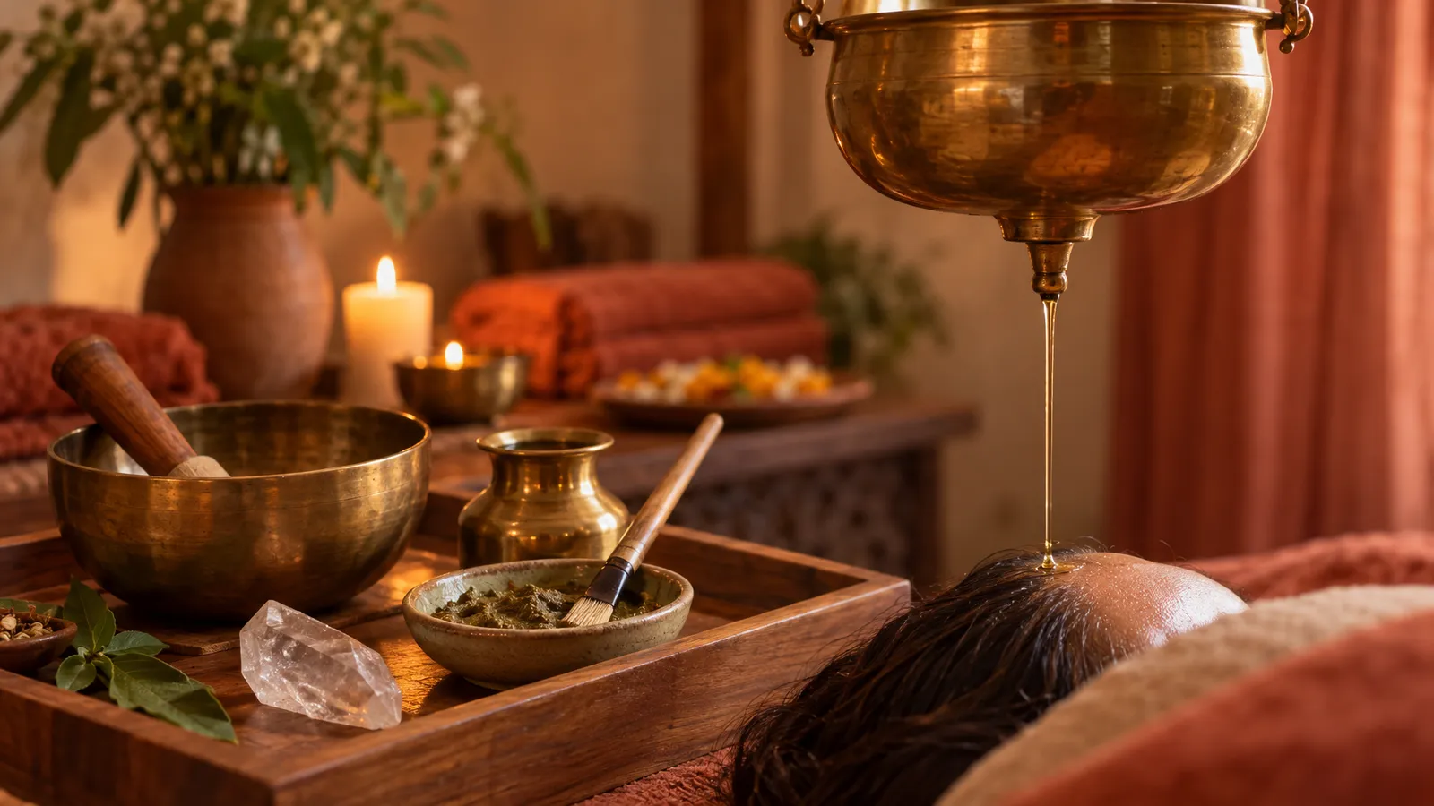 Warm oil streams toward a cropped forehead beside a brass singing bowl, massage oil, herbal facial paste and a quartz crystal.