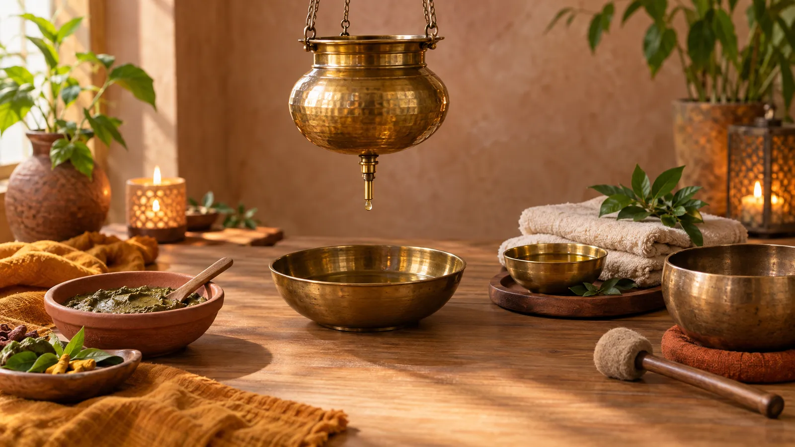 Brass Shirodhara vessel, herbal facial paste, massage oil and a singing bowl arranged on a warmly lit wooden table.