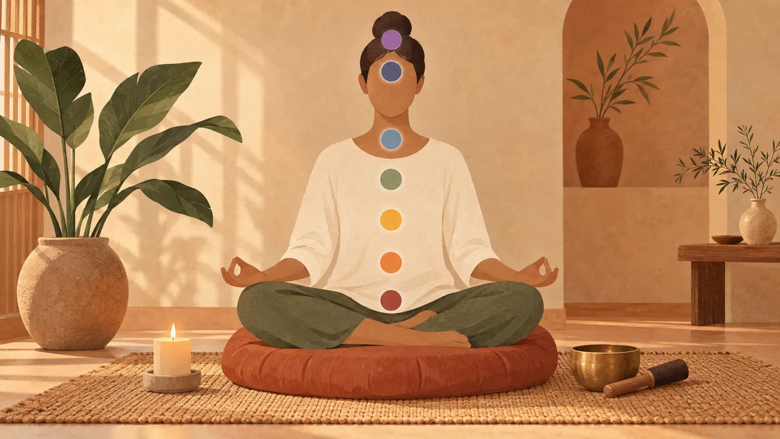 Illustration of a seated meditator with seven colored chakra symbols, a brass singing bowl and a candle in a warm, earthy interior.