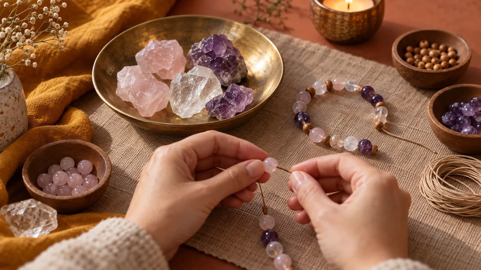Hands thread a crystal-bead bracelet beside rose quartz, clear quartz and amethyst on a warmly lit linen-covered table.