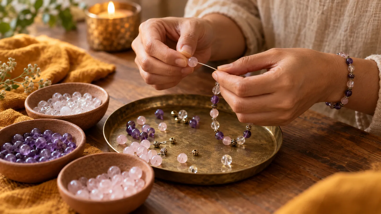 Hands thread crystal beads into a bracelet beside brass and terracotta bowls on a warmly lit wooden table.