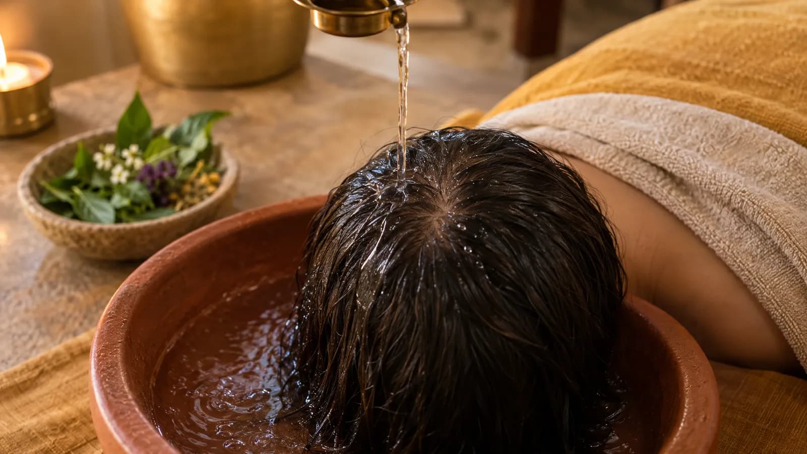 A fine stream of clear water falls onto the crown of a reclining person’s head above a terracotta basin in a warmly lit spa setting.