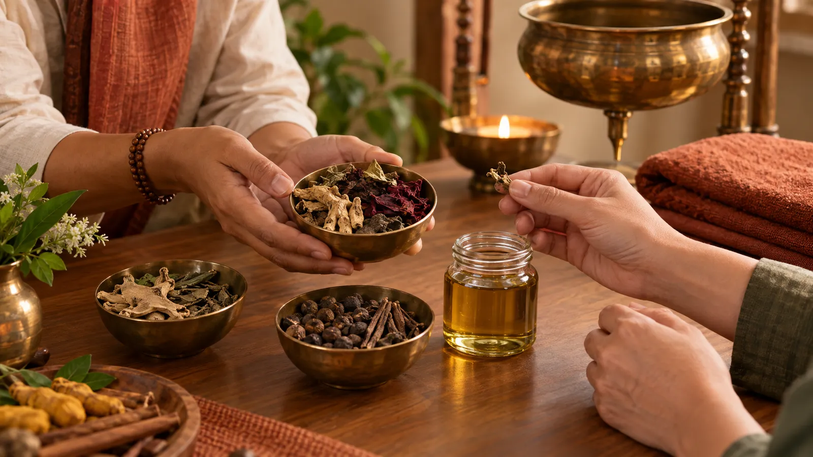 Hands examine dried herbs beside unlabeled massage oil, brass bowls, and an Ayurvedic Shirodhara vessel on a warm wooden table.