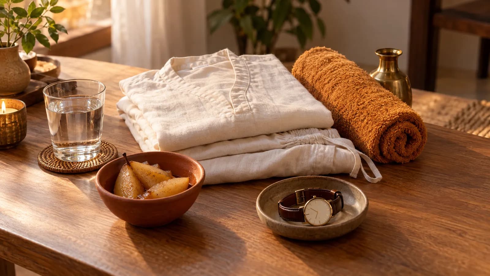Loose cotton clothing, water, cooked pears and a removed wristwatch arranged beside a brass oil vessel and saffron towel.