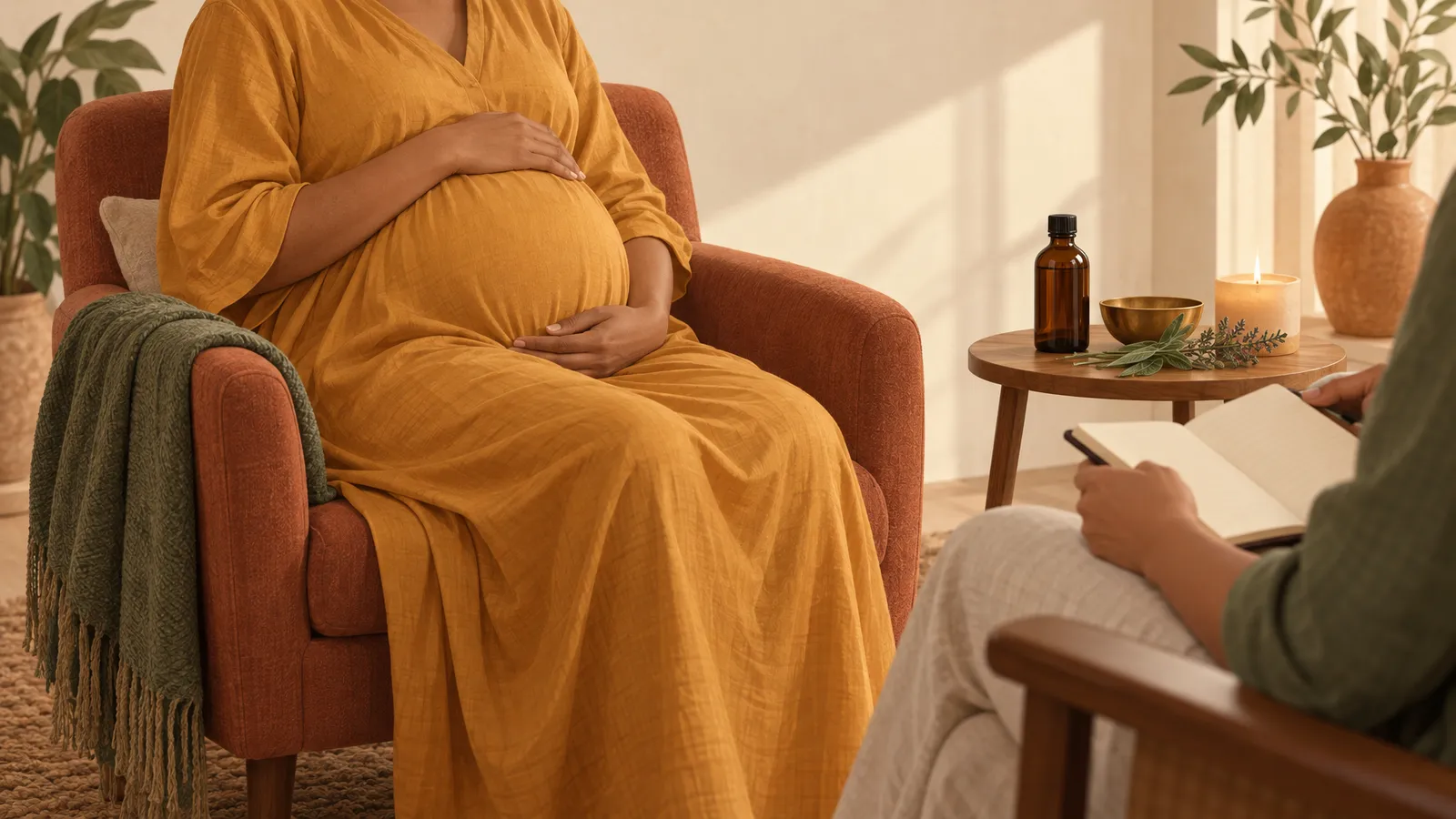 Illustration of a seated pregnant person in conversation, with Ayurvedic oil and a brass bowl on a nearby table.