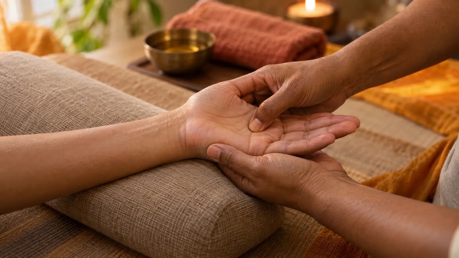 Close-up of hands gently applying thumb pressure to an upturned palm beside warm linens and a brass oil bowl.