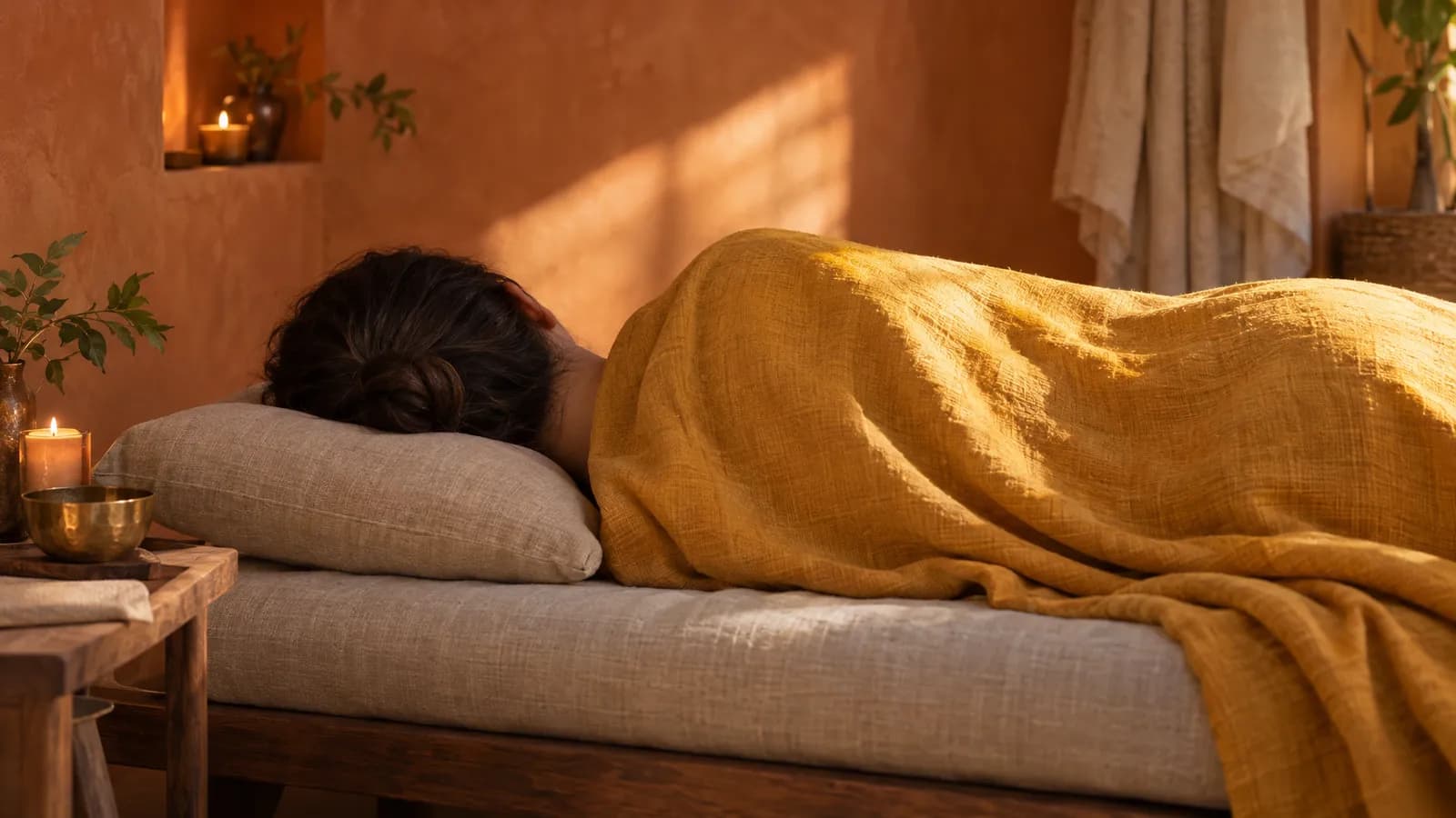 A guest rests beneath a saffron blanket on a linen daybed in soft morning light, with their face turned out of view.