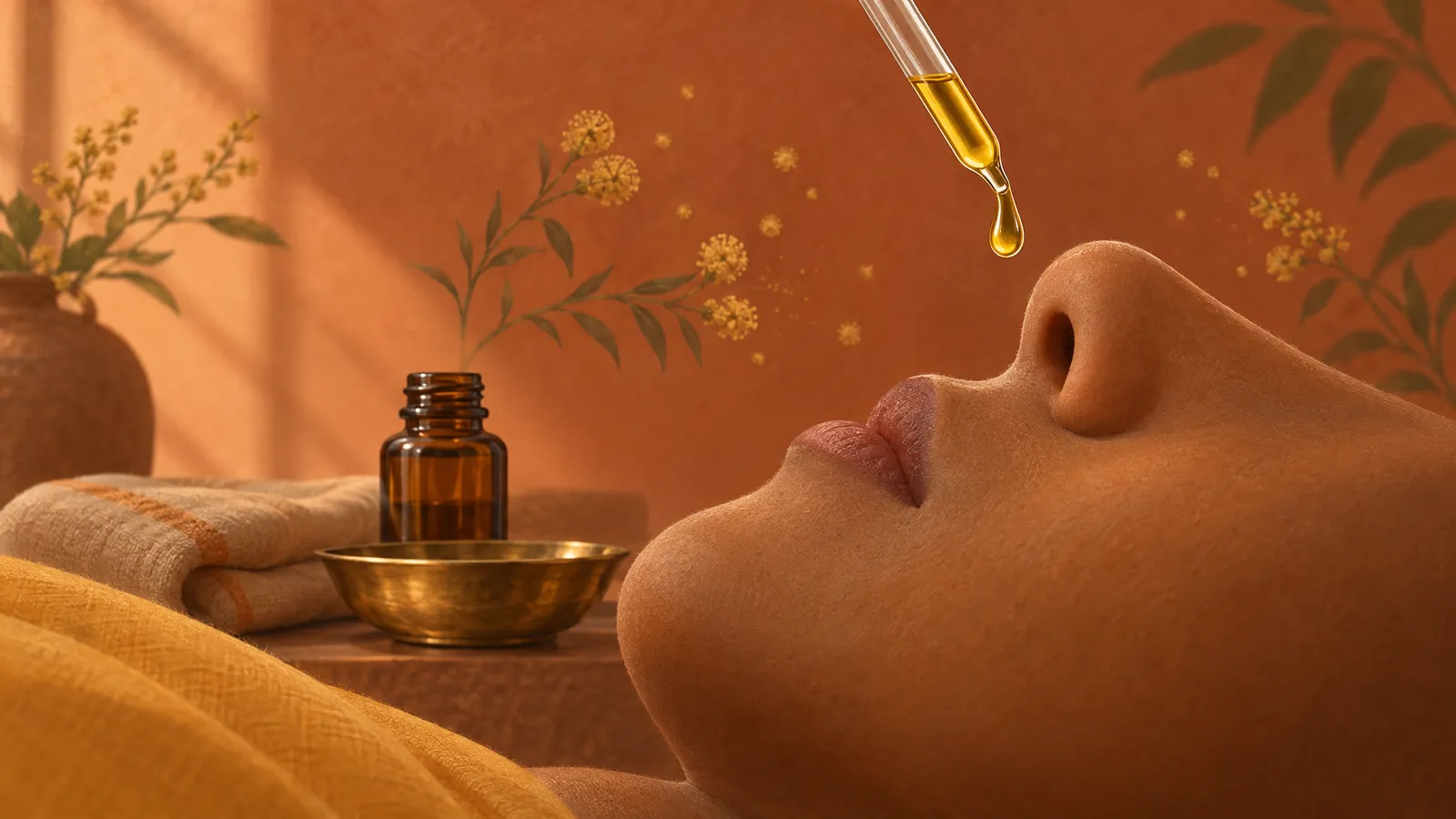 Illustration of an oil dropper above a cropped nostril, with an amber bottle, brass dish and subtle pollen motifs.