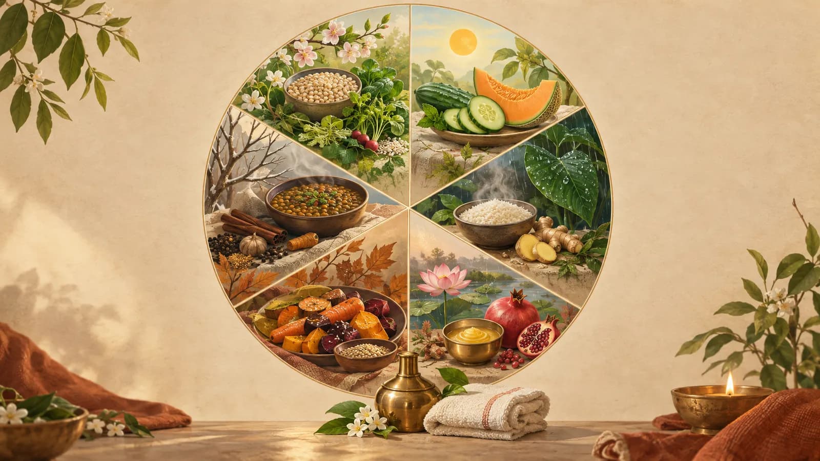 An illustrated six-season wheel pairs seasonal foods and botanical details with a brass massage-oil vessel and folded towel.