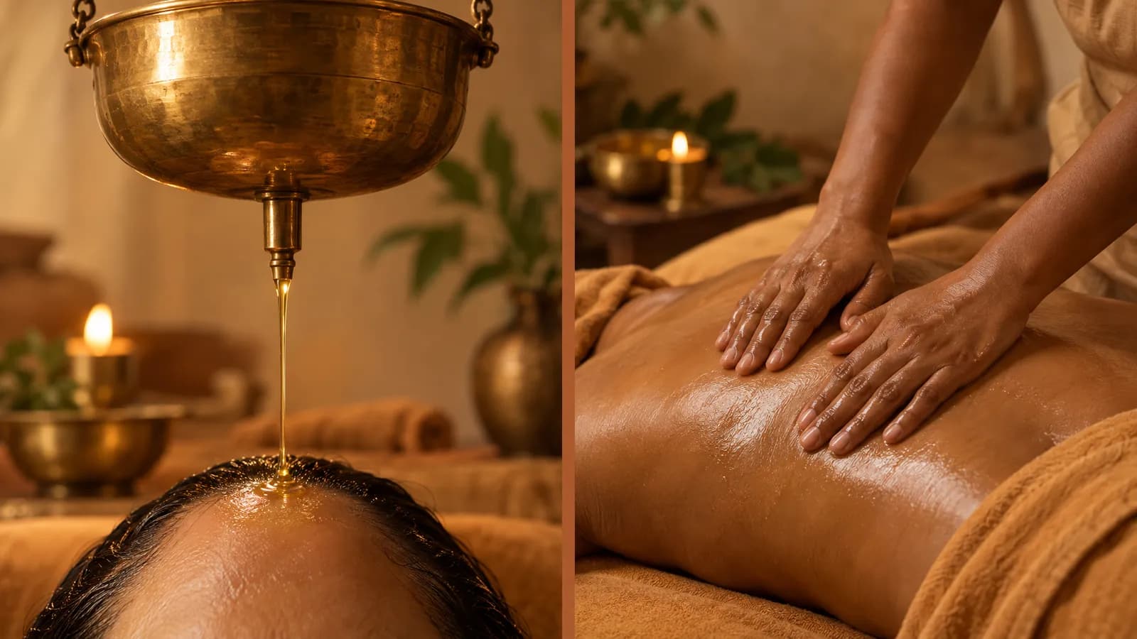 Side-by-side close-ups show Shirodhara oil flowing onto a forehead and Abhyanga oil massage on an upper back.