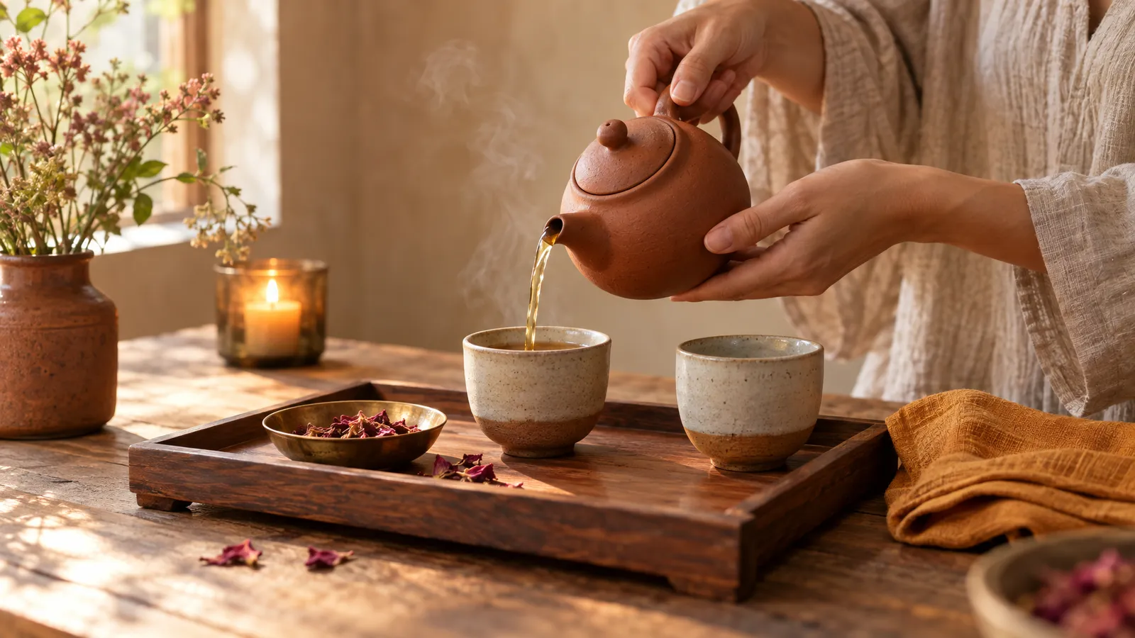 Hands pour steaming herbal tea from a terracotta teapot into a ceramic cup on a wooden tray in warm candlelight.