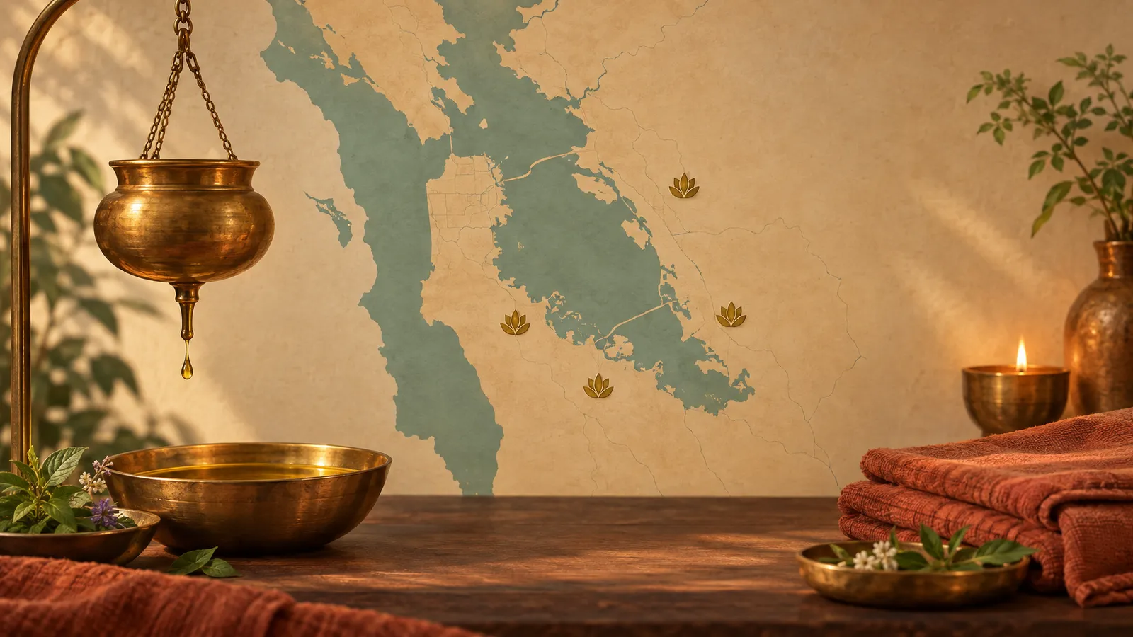 Illustrated San Francisco Bay map with four lotus markers, a Shirodhara vessel, brass oil bowl, herbs and folded linens.