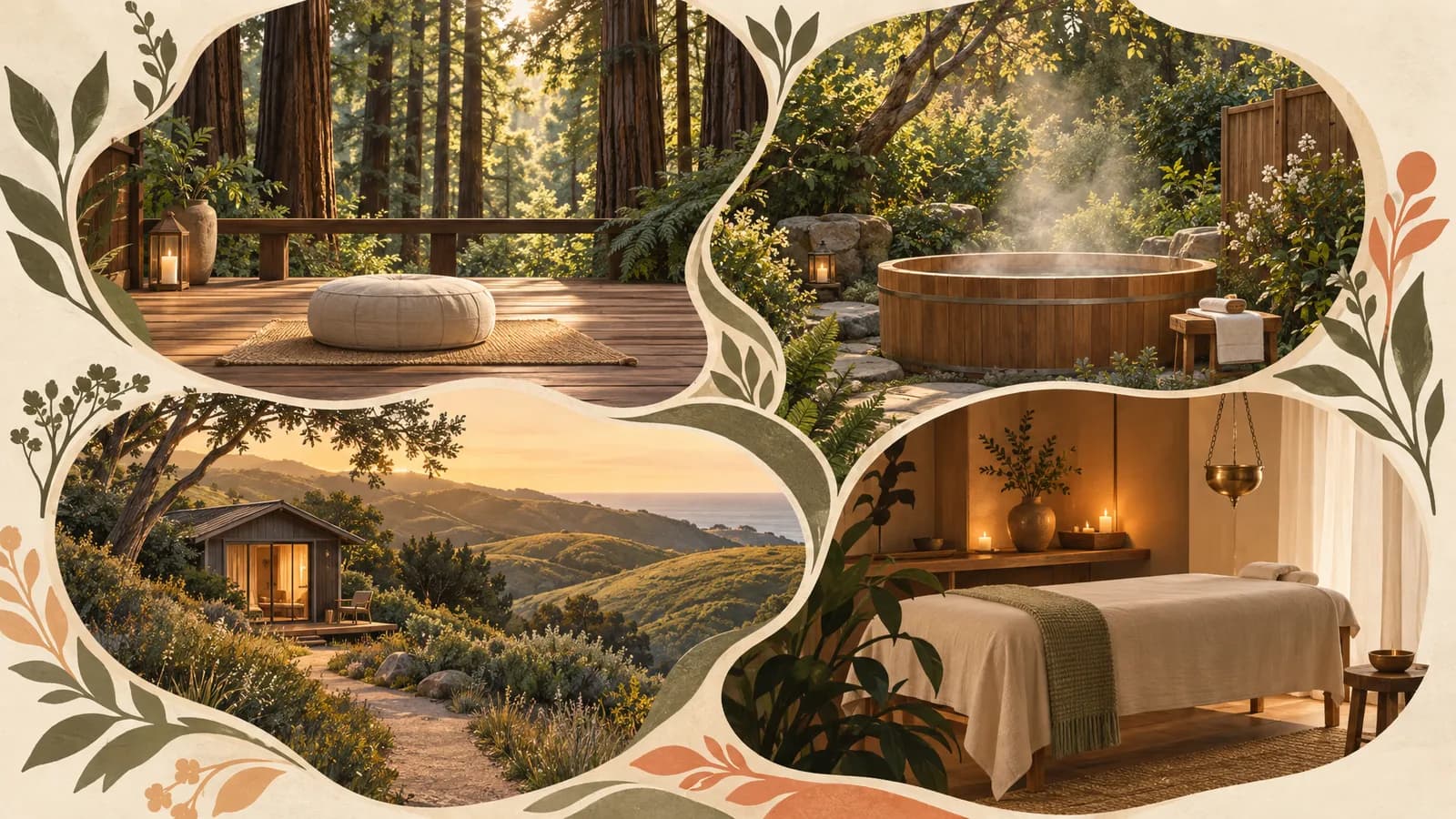 Four illustrated wellness settings show forest meditation, garden soaking, an overnight cabin and a massage room in warm earthy colors.