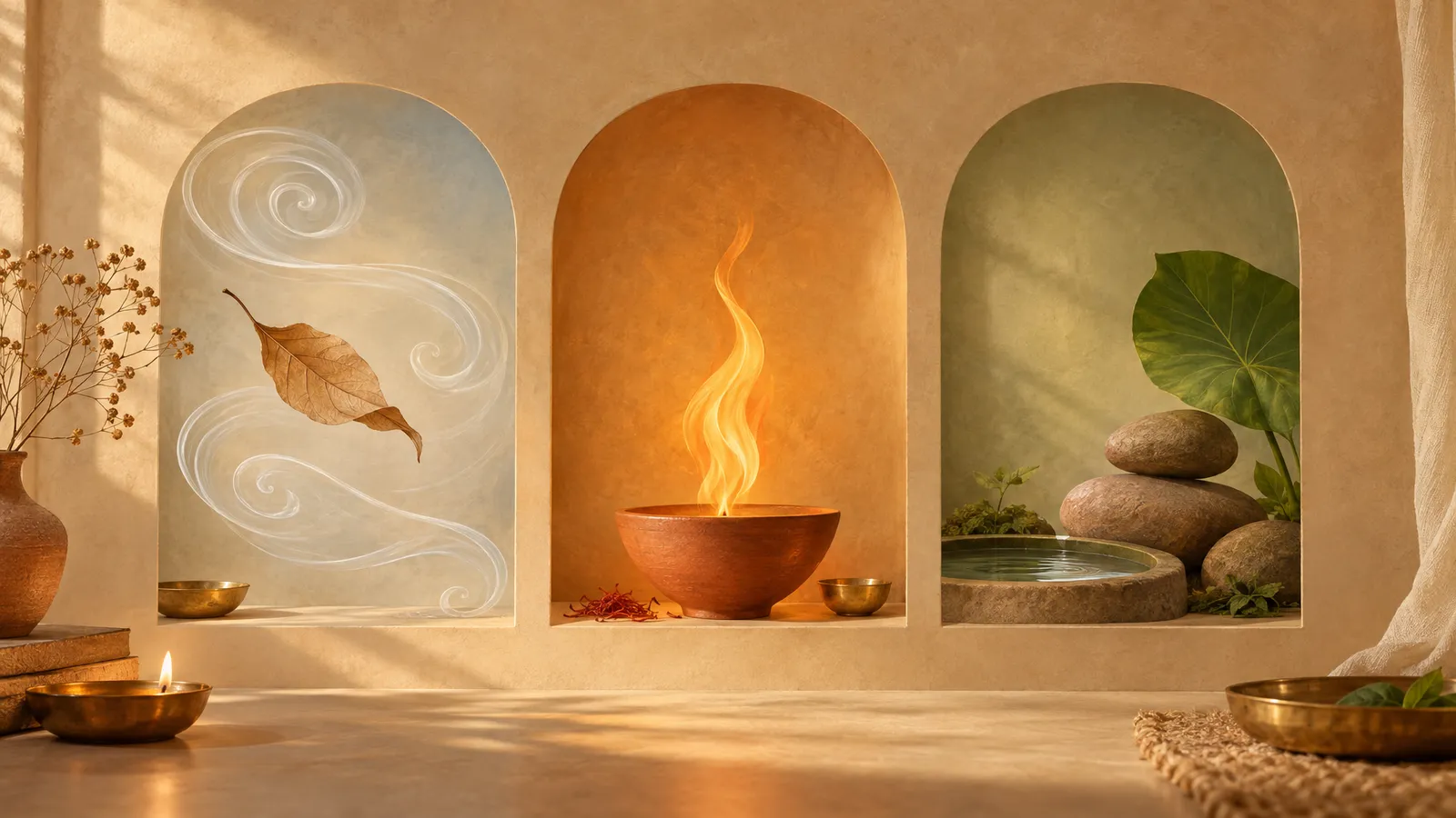 Three warm-toned illustrated niches represent Vata with air and a floating leaf, Pitta with flame, and Kapha with stones, water, and greenery.