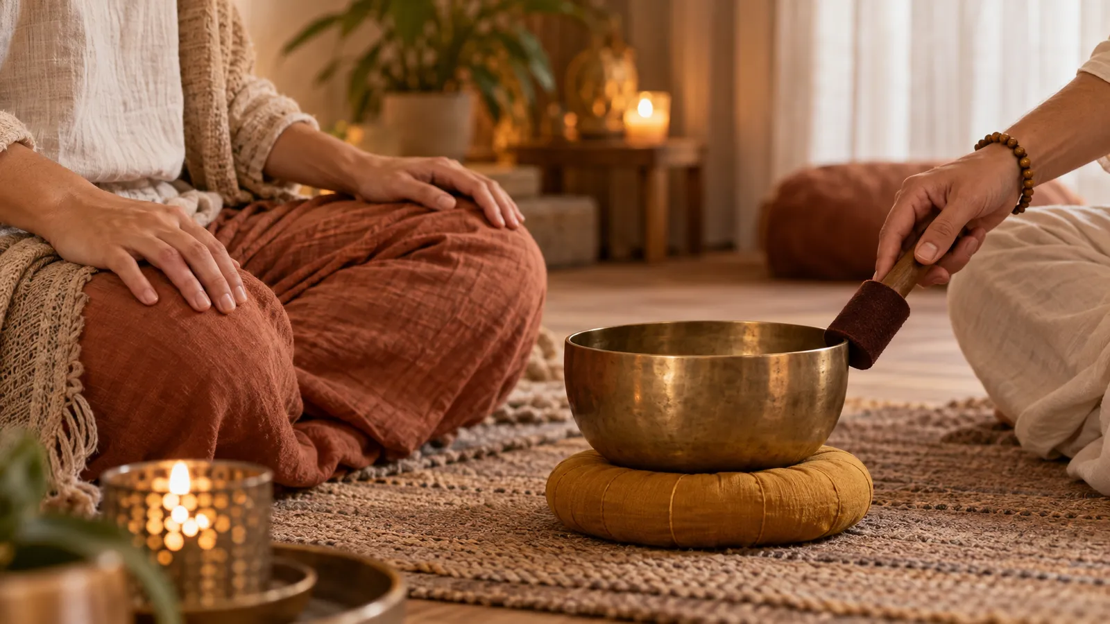 A seated participant rests their hands beside a brass singing bowl during a quiet meditation session.