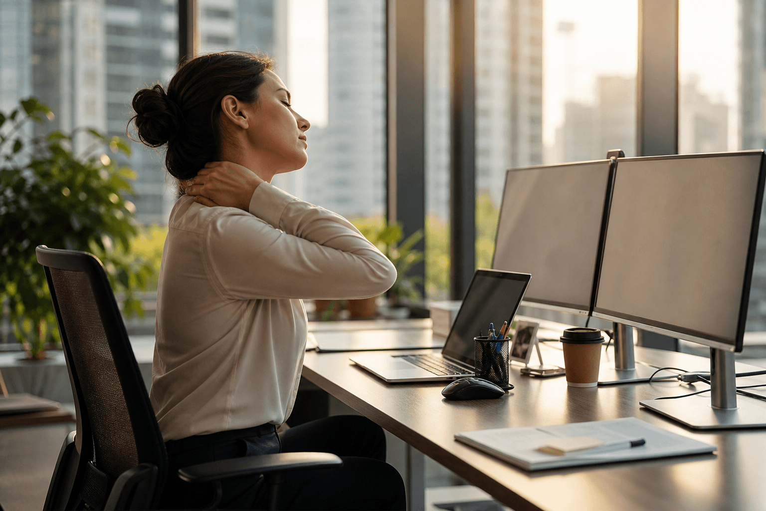 Person at a computer workstation rubbing the back of their neck