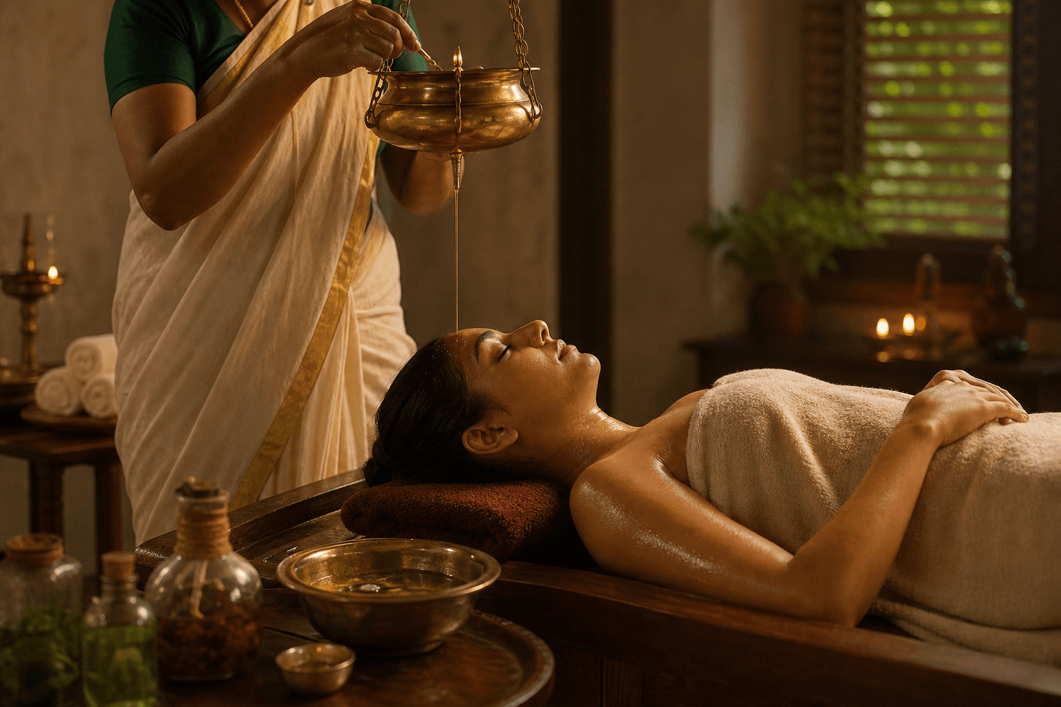 Practitioner pouring a thin stream of oil from a brass vessel onto the forehead of a person lying on a treatment table