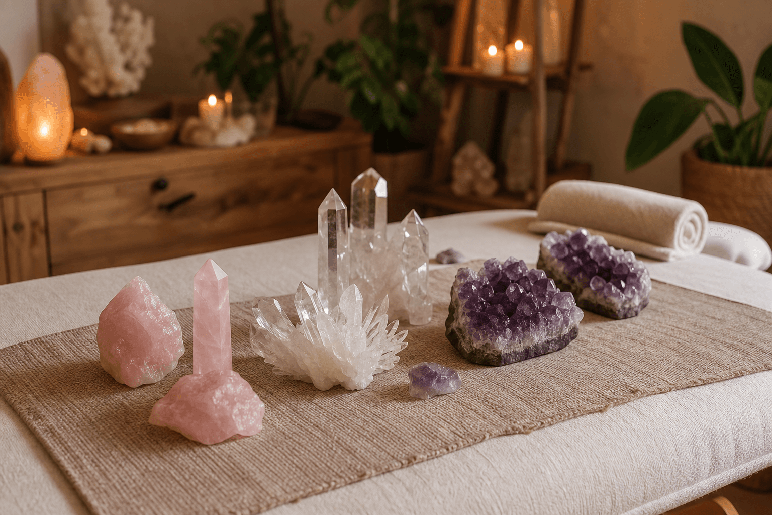 Rose quartz, amethyst, and clear quartz crystals arranged on a table in a warm, calm setting