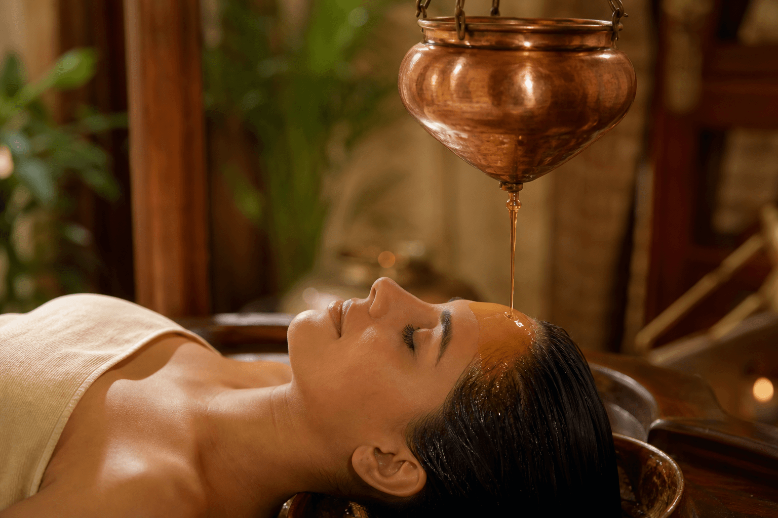 Shirodhara treatment with warm oil streaming onto a person's forehead from a copper vessel
