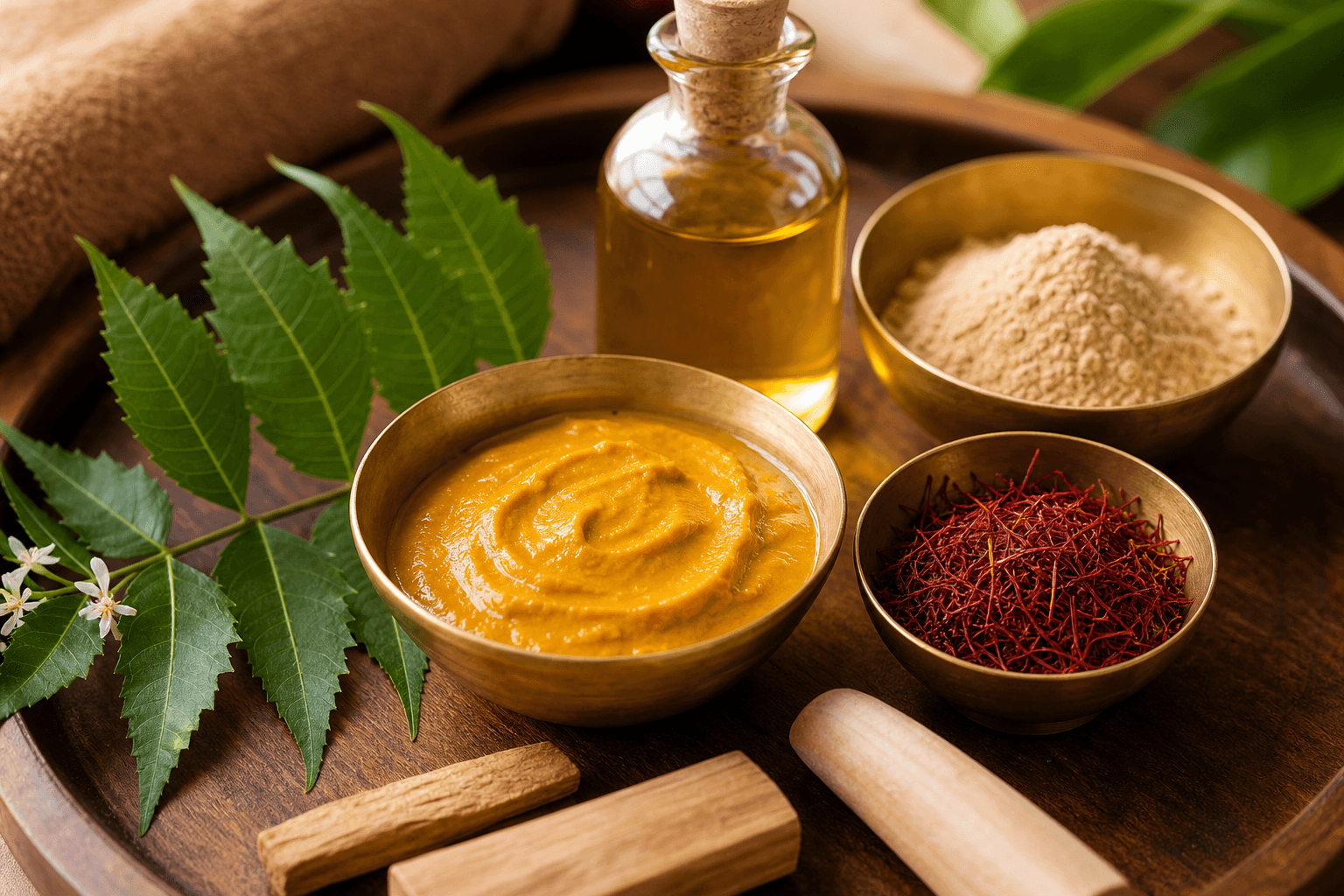 Wooden tray with green leaves, a bowl of yellow paste, a bowl of pale powder, red threads, a bottle of oil and wooden sticks