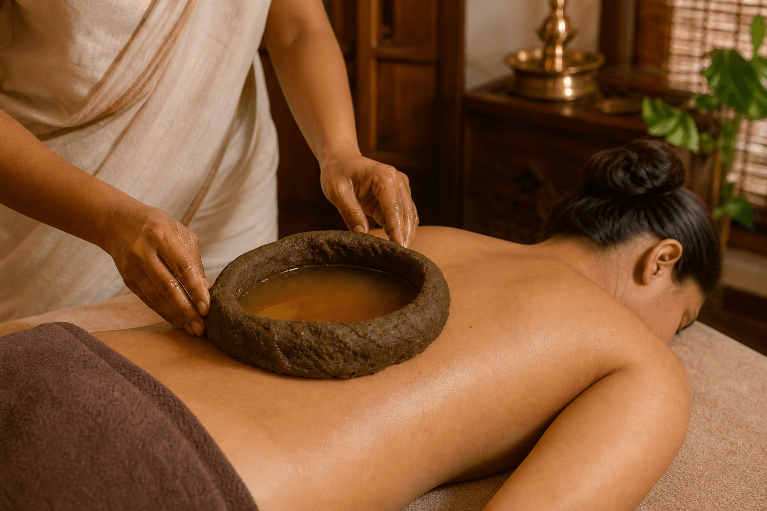 Illustration of warm herbal oil pooled in a dough ring on a person's lower back