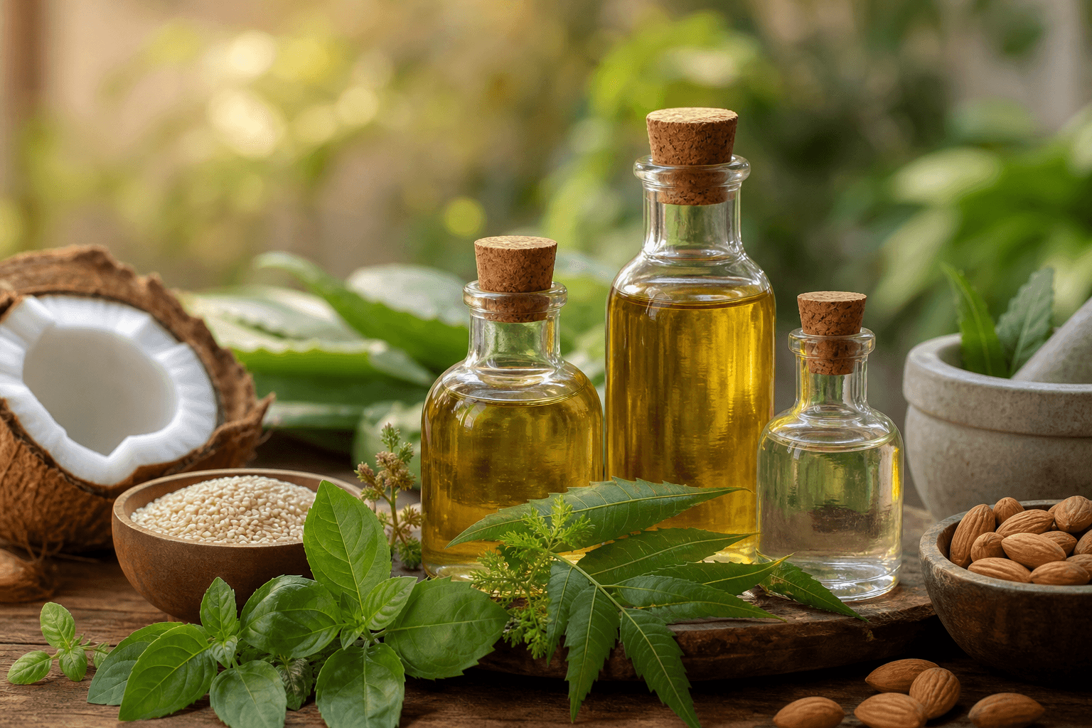 Glass bottles of oil with cork stoppers beside a halved coconut, a bowl of sesame seeds, almonds and fresh green leaves