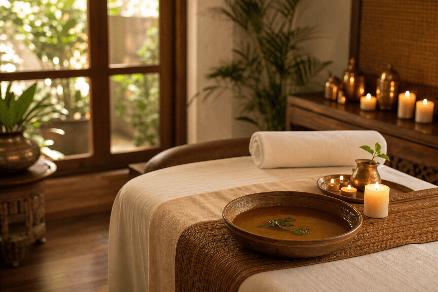 Illustrative image of a draped massage table with a rolled towel, a shallow bowl of oil and lit candles near a window