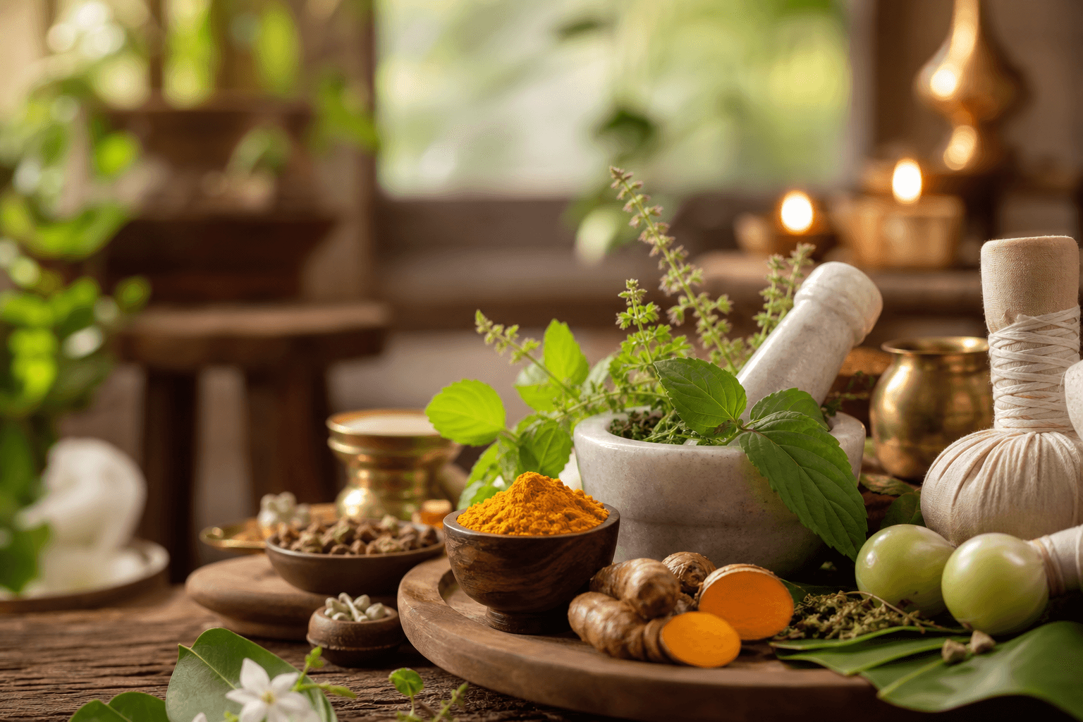 Herbs and spices arranged on a wooden surface
