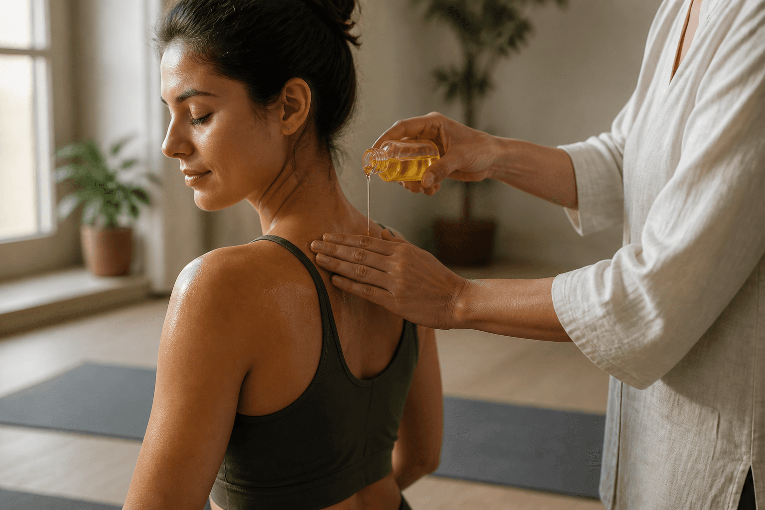 Illustrative image of a woman in a sports top sitting on a yoga mat while another person pours oil onto her shoulder